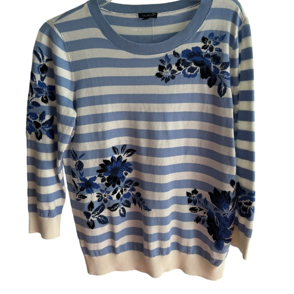 Talbots Womens Blue & White 3/4 Sleeve Striped Floral Knit Sweater M